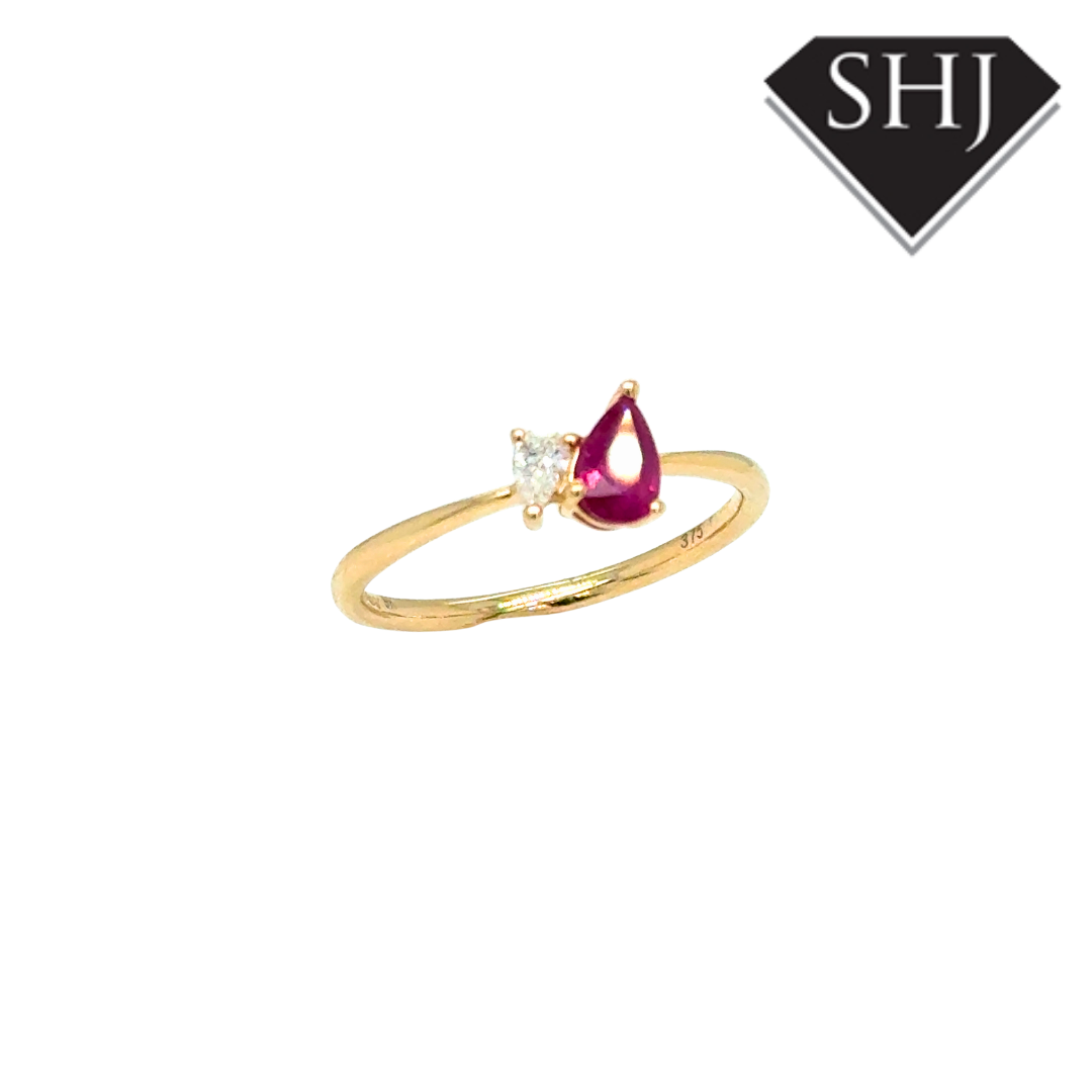 9ct Yellow Gold Pear 0.48ct Ruby & 0.09ct Diamond Ring