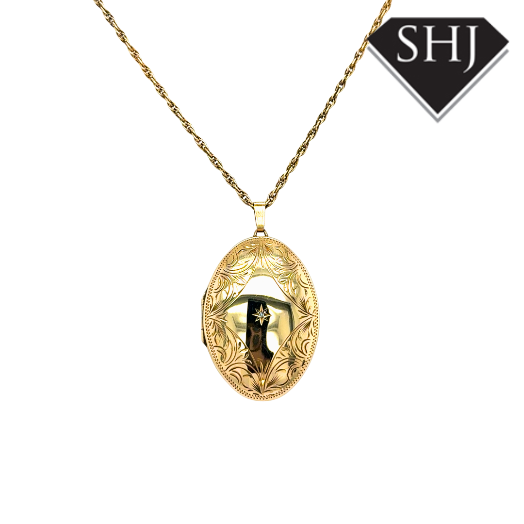9ct Yellow Gold Engraved Diamond Set Locket