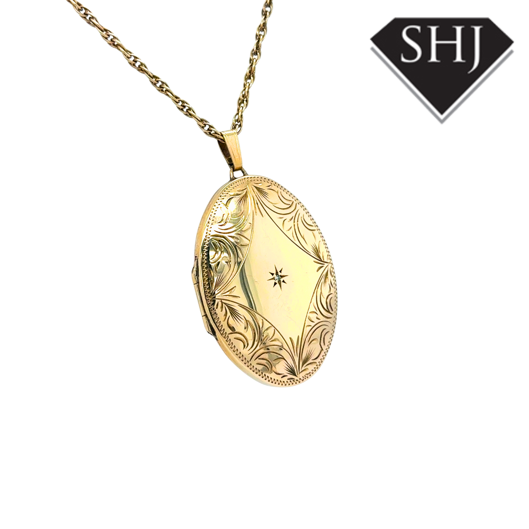 9ct Yellow Gold Engraved Diamond Set Locket