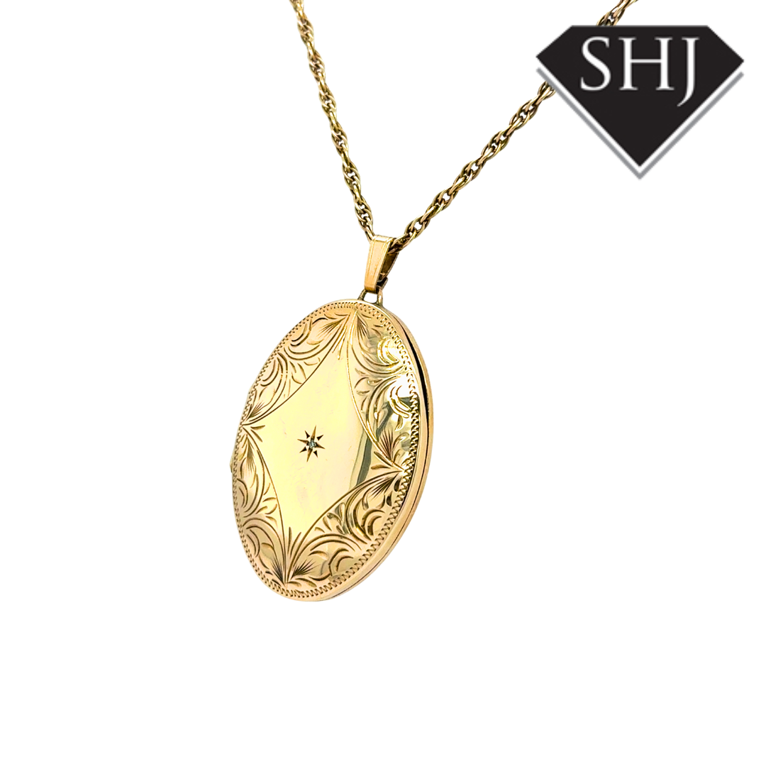 9ct Yellow Gold Engraved Diamond Set Locket