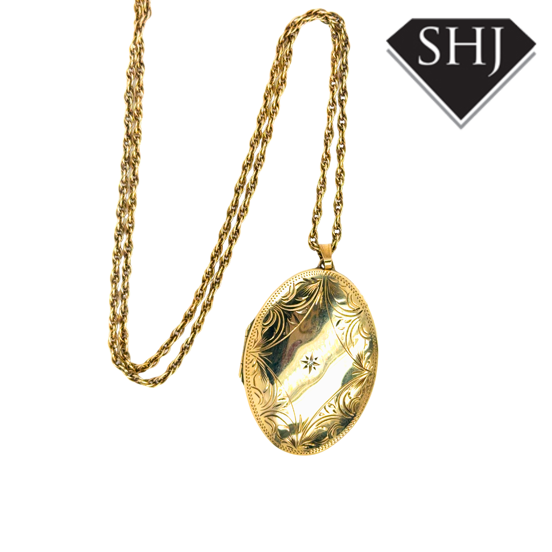 9ct Yellow Gold Engraved Diamond Set Locket