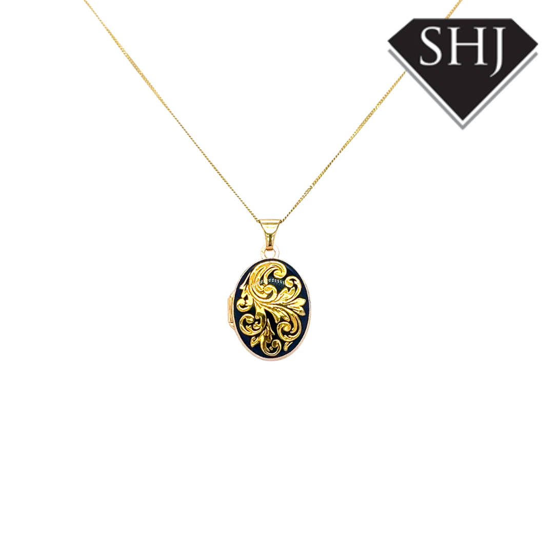 9ct Yellow Gold Enamel Locket & Chain
