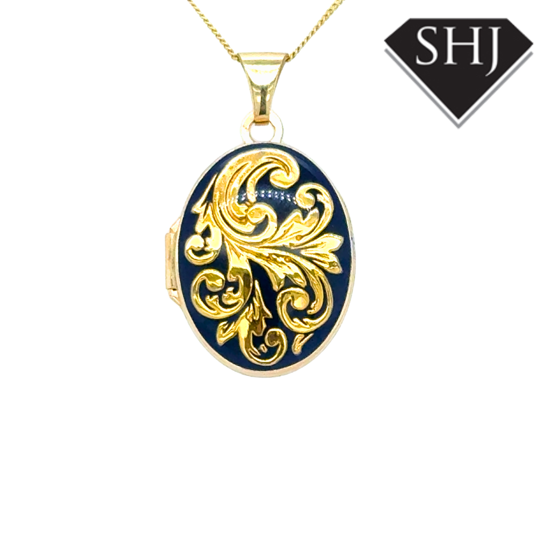 9ct Yellow Gold Enamel Locket & Chain