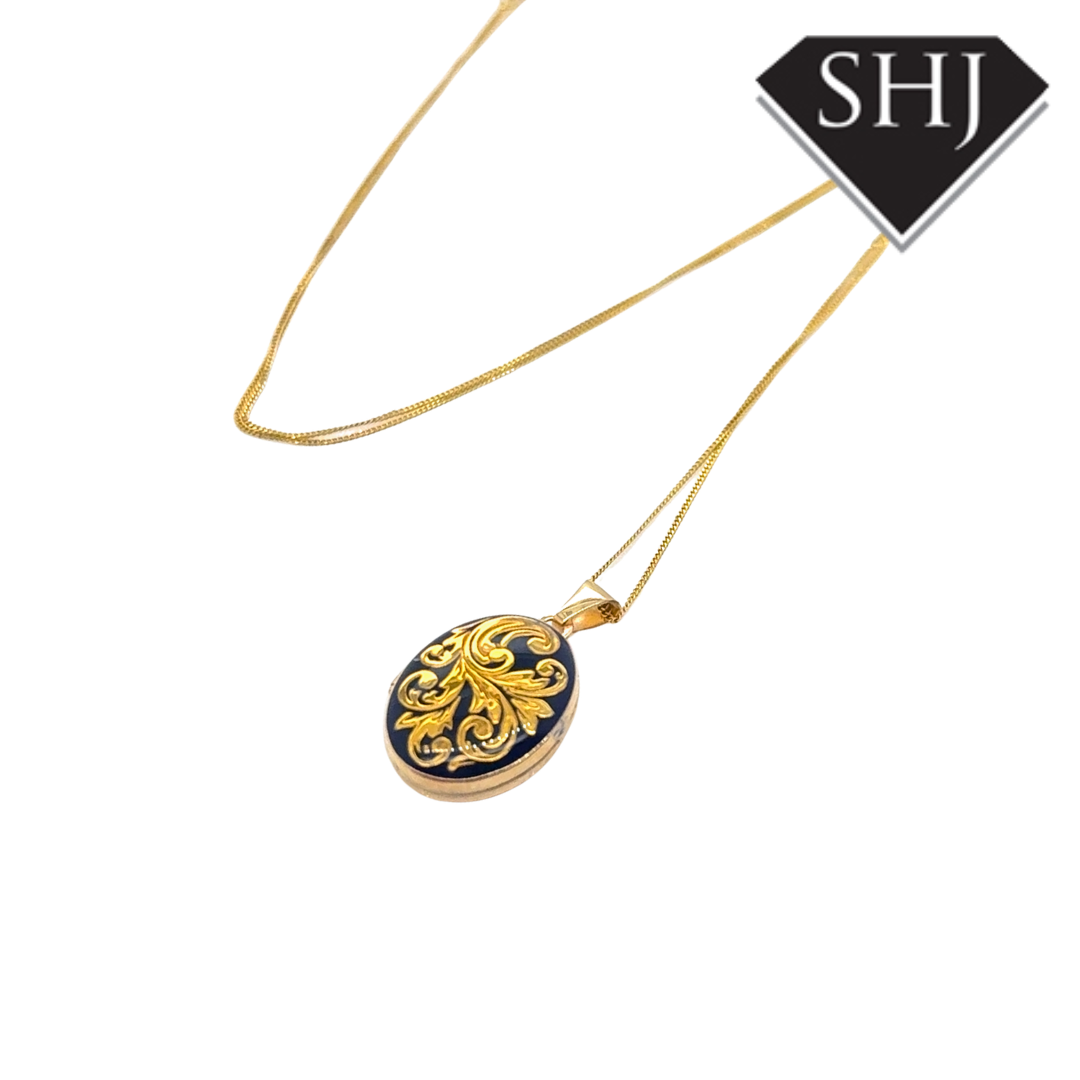9ct Yellow Gold Enamel Locket & Chain