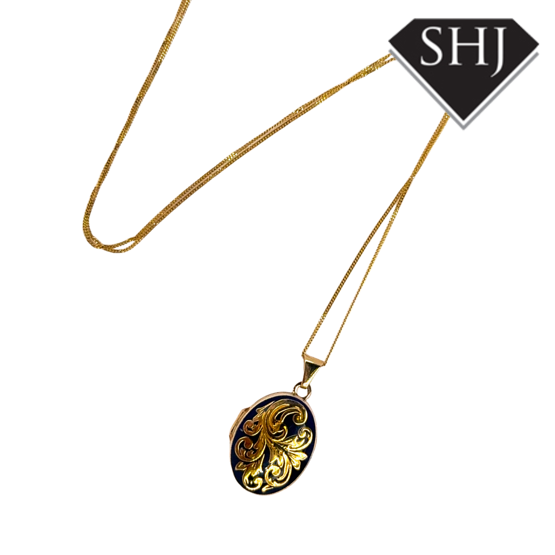 9ct Yellow Gold Enamel Locket & Chain