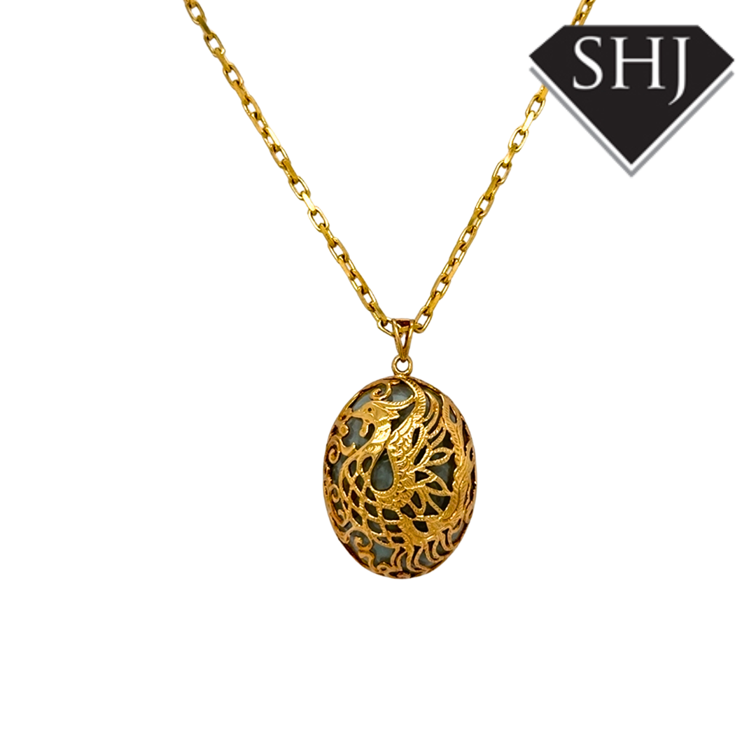 9ct Yellow Gold Jade Peacock Pendant & Chain