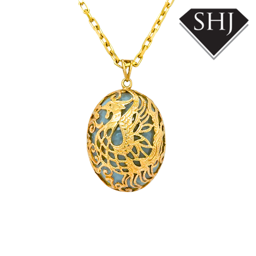9ct Yellow Gold Jade Peacock Pendant & Chain