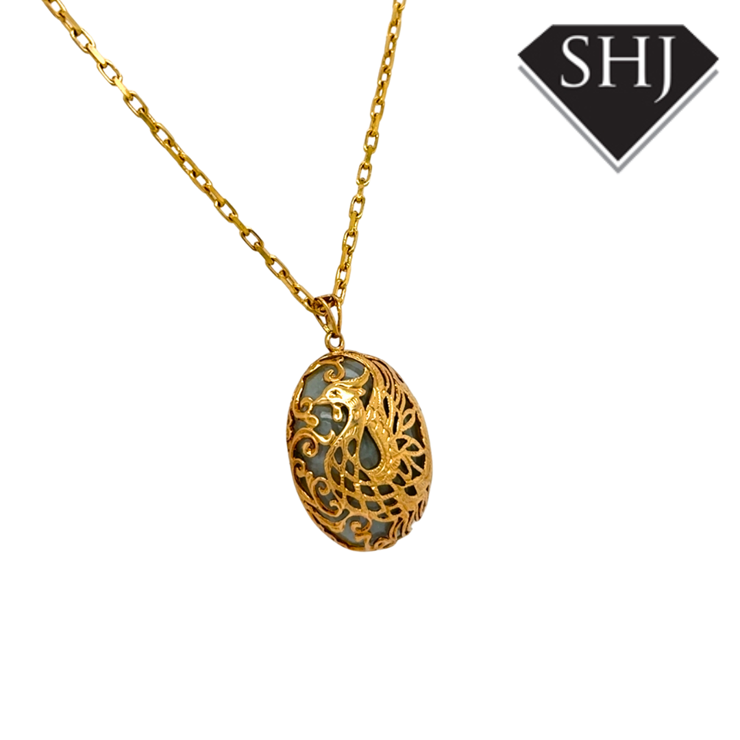 9ct Yellow Gold Jade Peacock Pendant & Chain