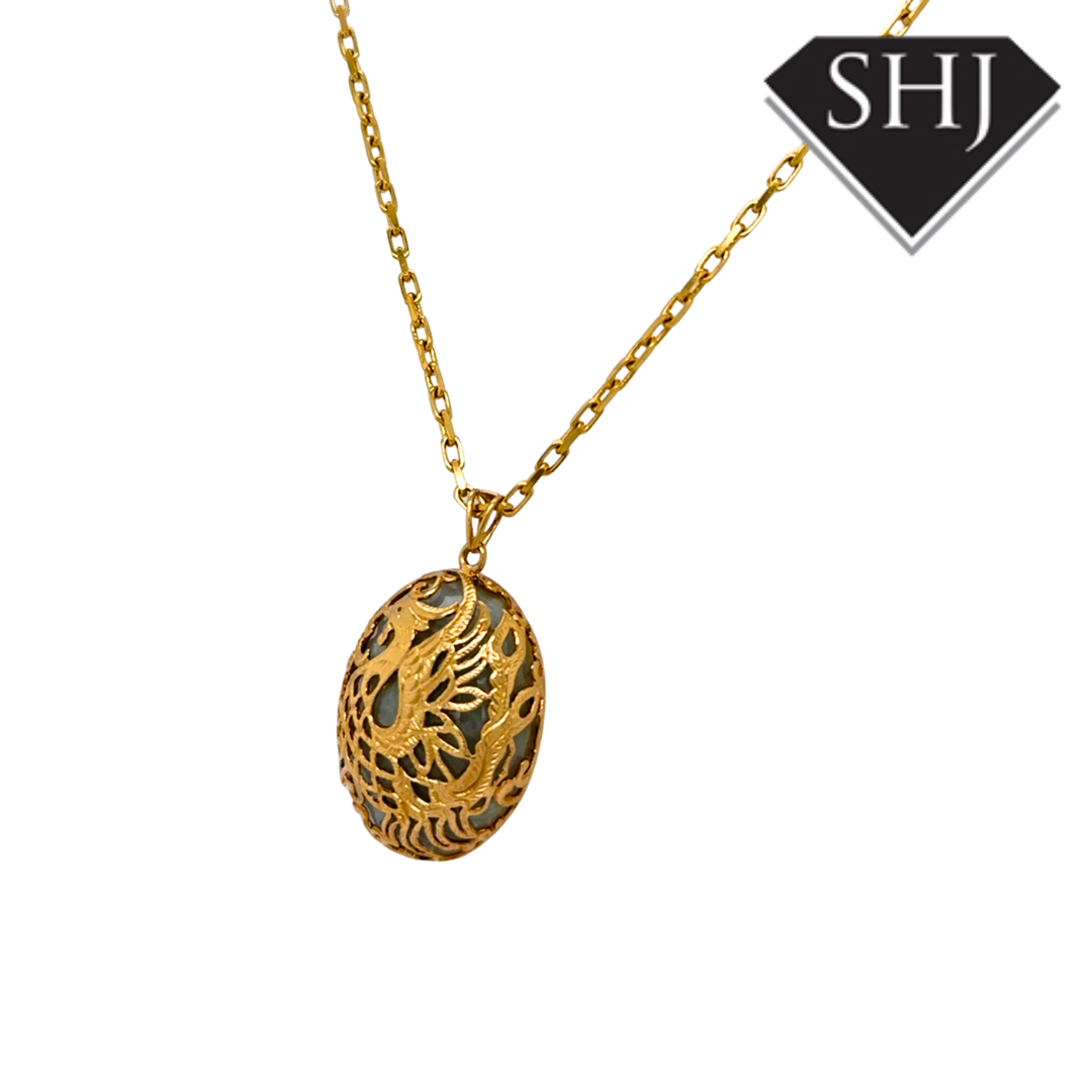 9ct Yellow Gold Jade Peacock Pendant & Chain
