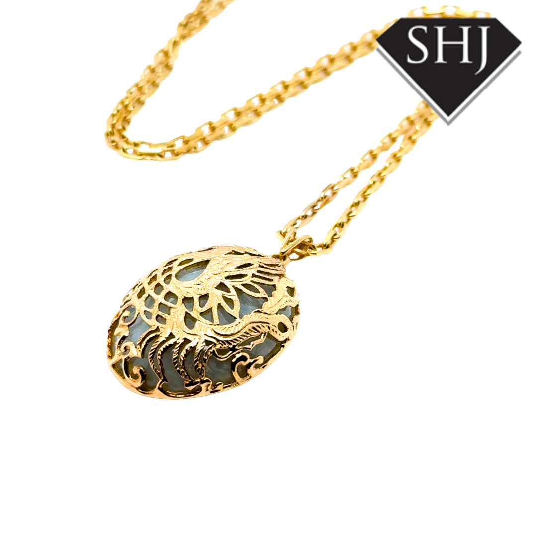 9ct Yellow Gold Jade Peacock Pendant & Chain