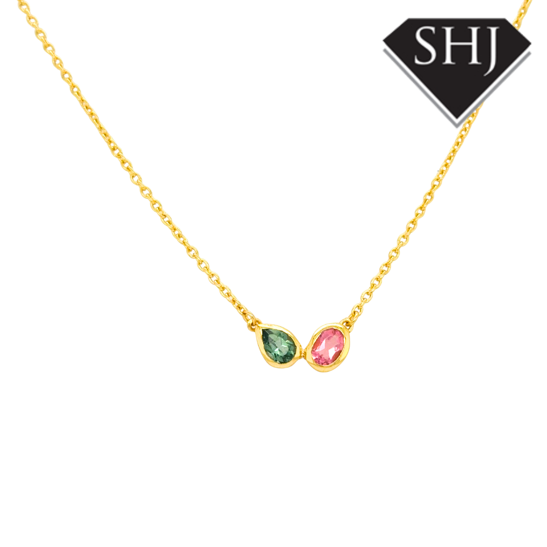 Silver 24ct Gold Plated Pink & Green Gemstone Necklace