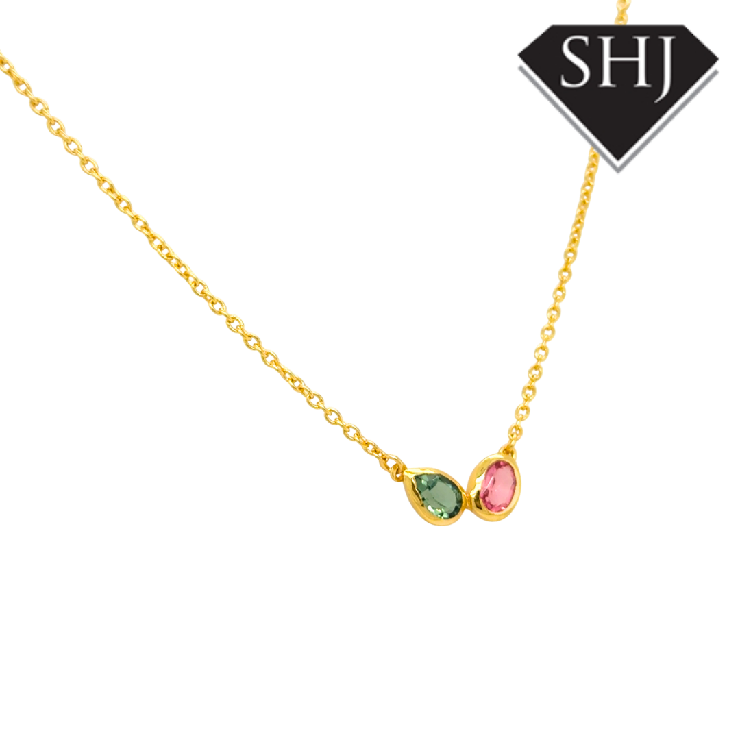 Silver 24ct Gold Plated Pink & Green Gemstone Necklace