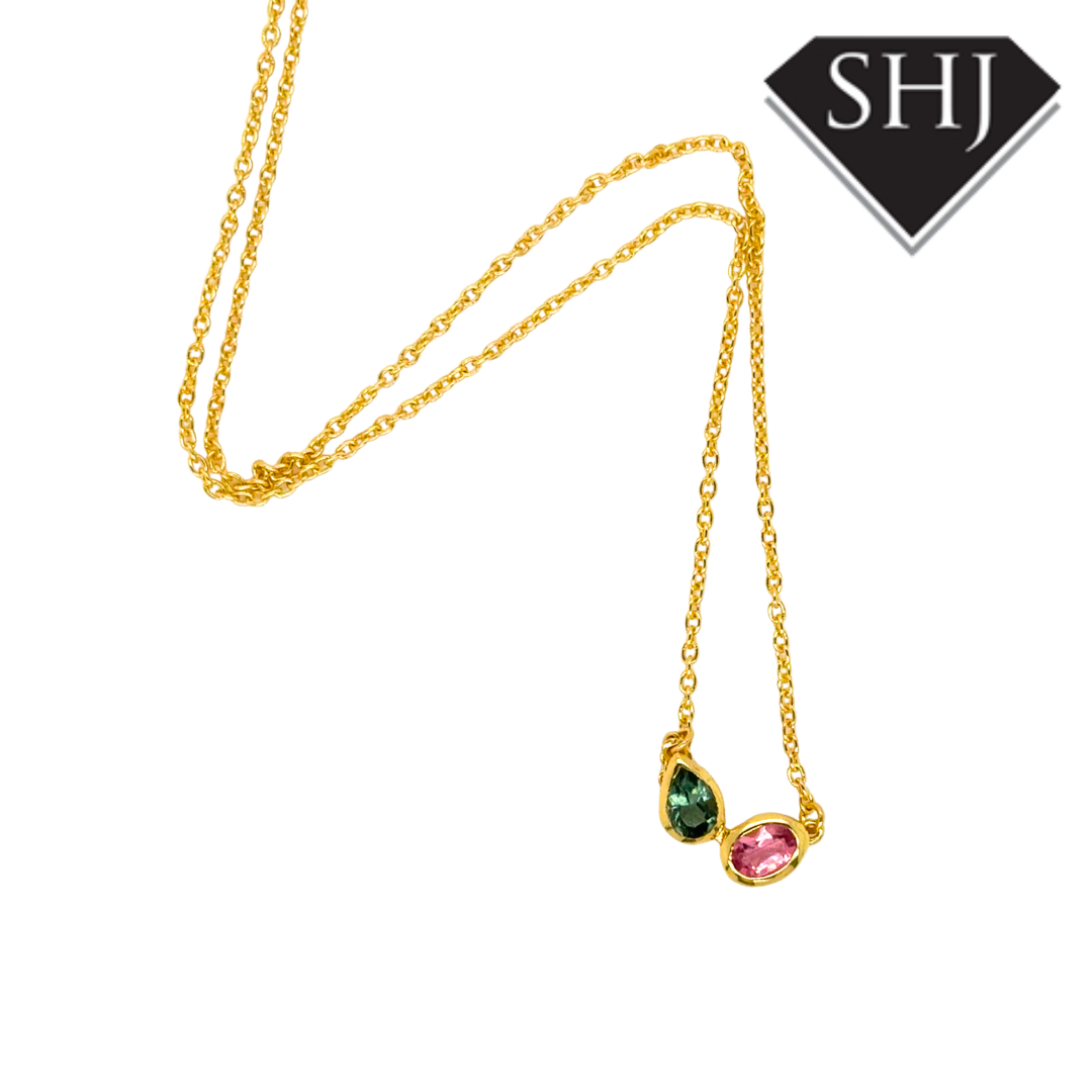 Silver 24ct Gold Plated Pink & Green Gemstone Necklace