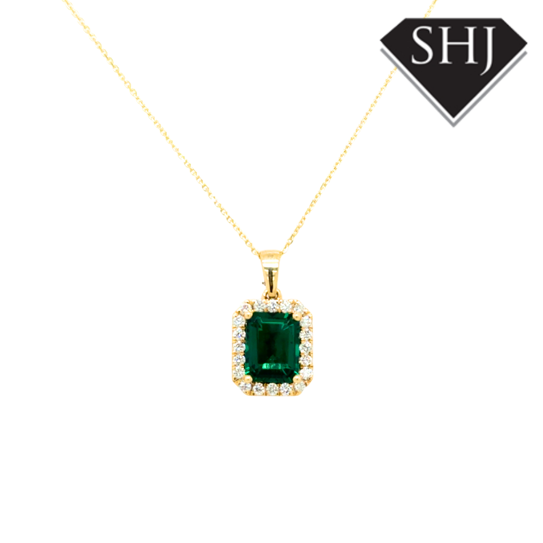 9ct Yellow Gold Lab Grown Emerald & Natural Diamond Pendant & Chain