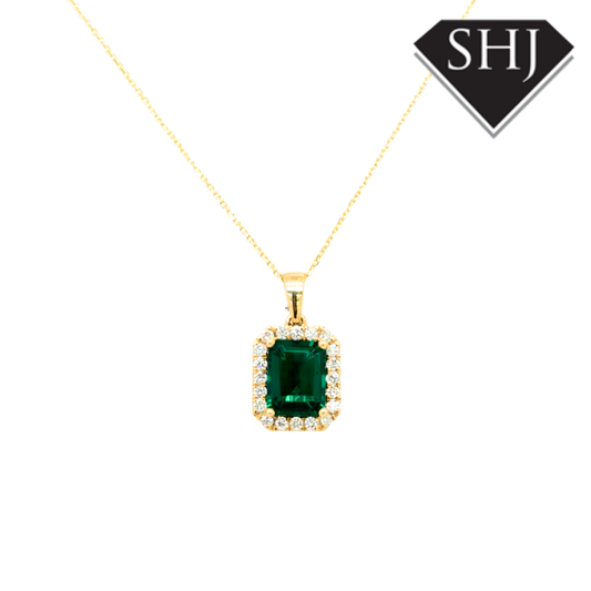 9ct Yellow Gold Lab Grown Emerald & Natural Diamond Pendant & Chain