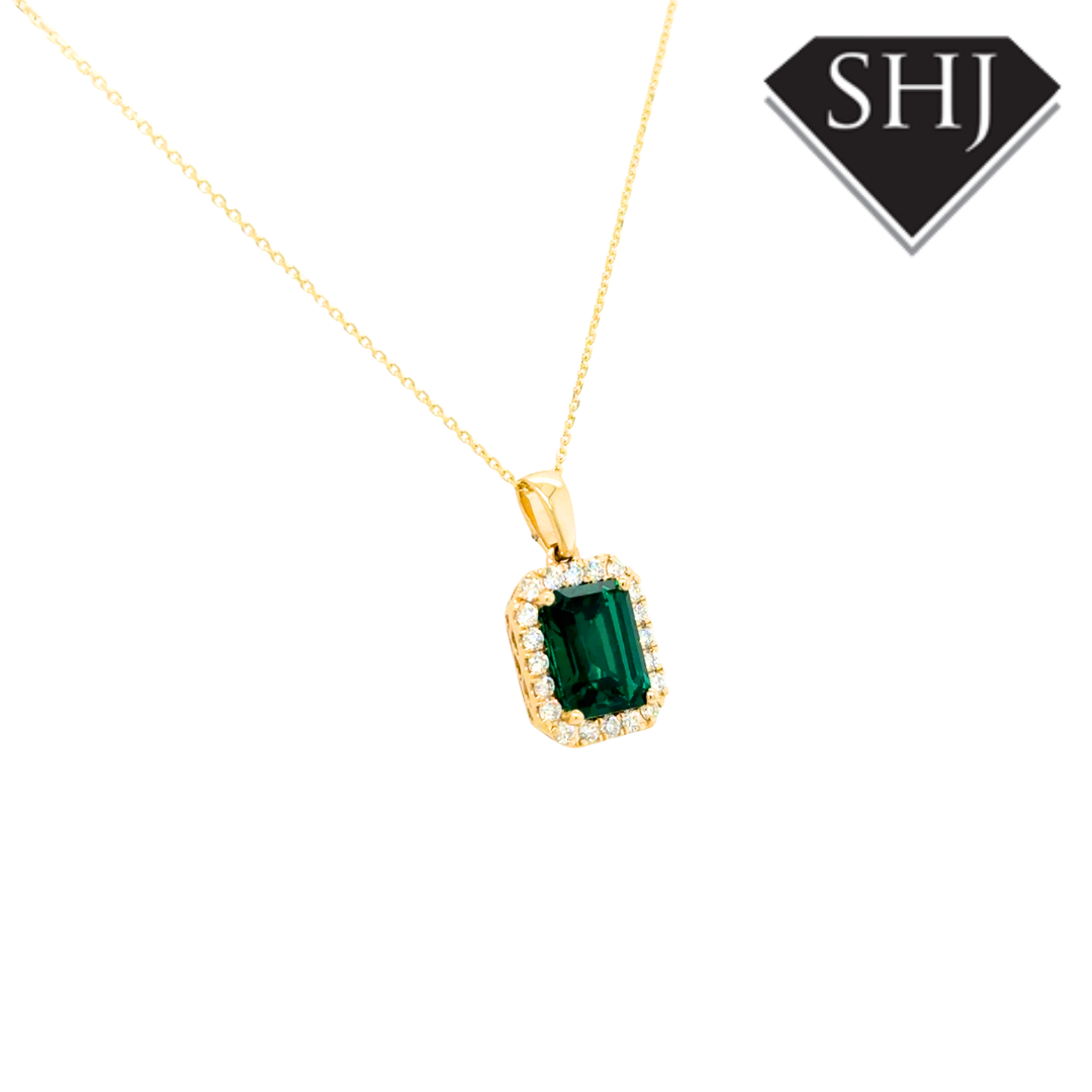 9ct Yellow Gold Lab Grown Emerald & Natural Diamond Pendant & Chain
