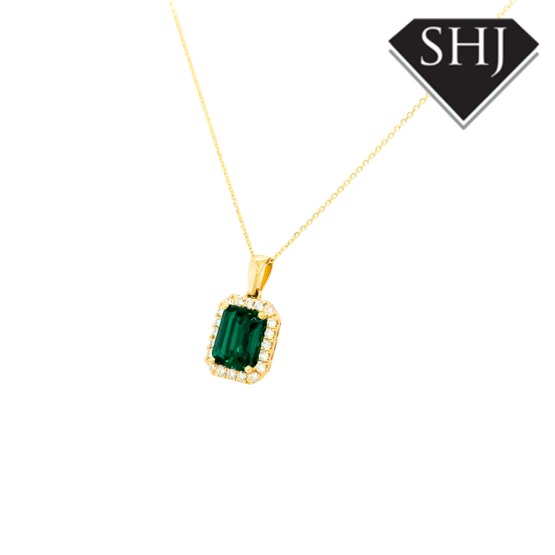 9ct Yellow Gold Lab Grown Emerald & Natural Diamond Pendant & Chain