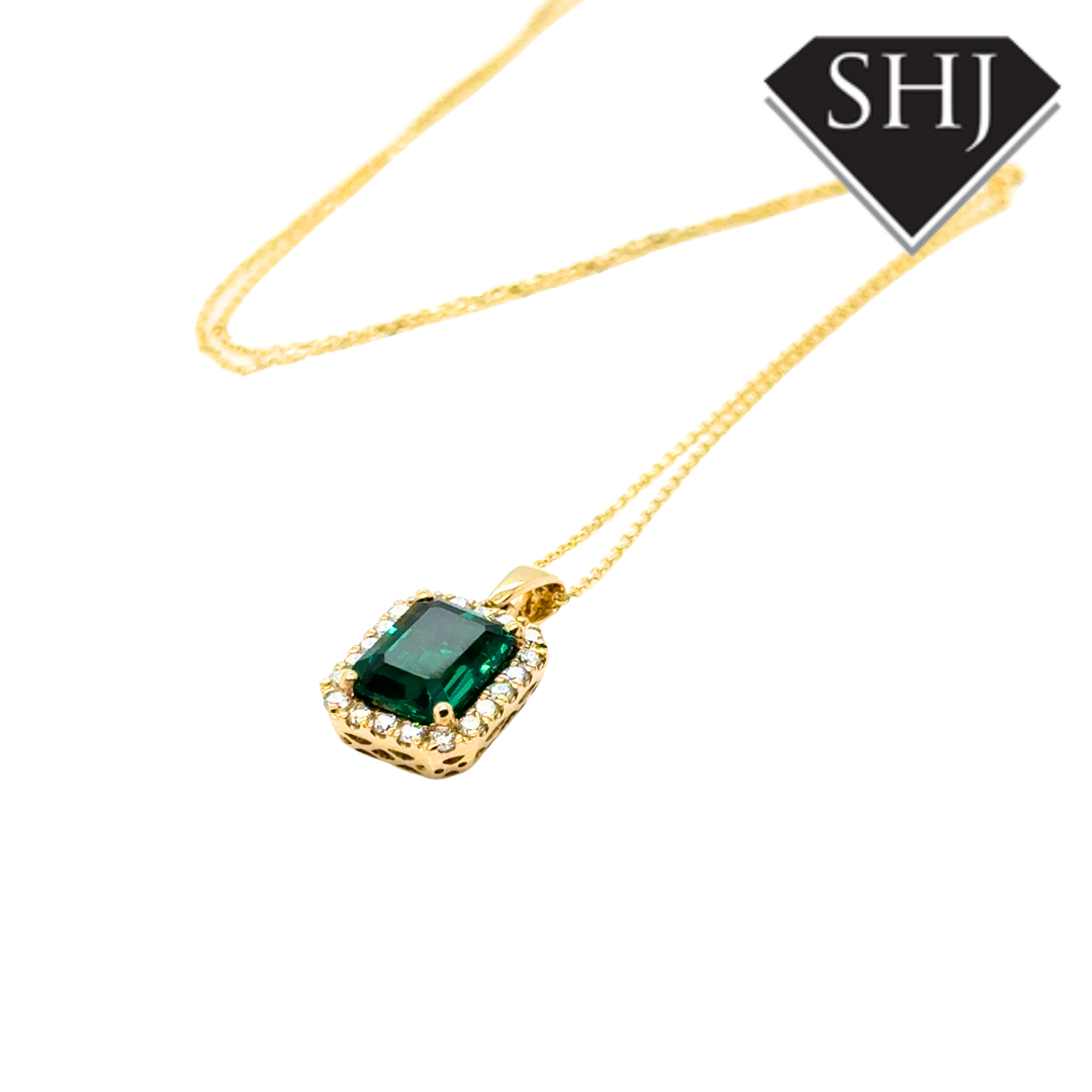 9ct Yellow Gold Lab Grown Emerald & Natural Diamond Pendant & Chain