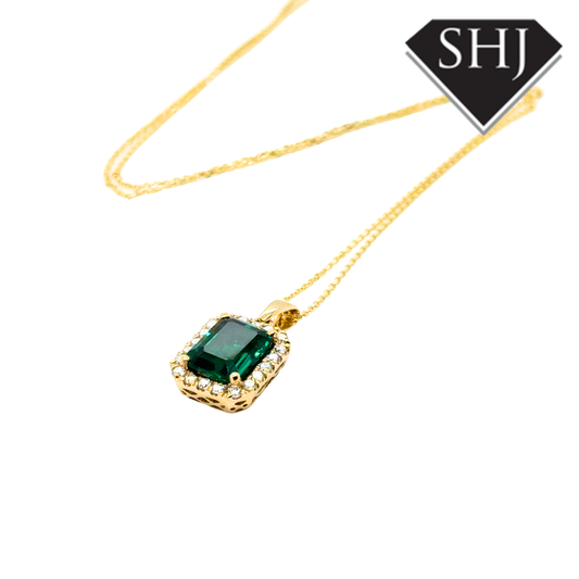 9ct Yellow Gold Lab Grown Emerald & Natural Diamond Pendant & Chain