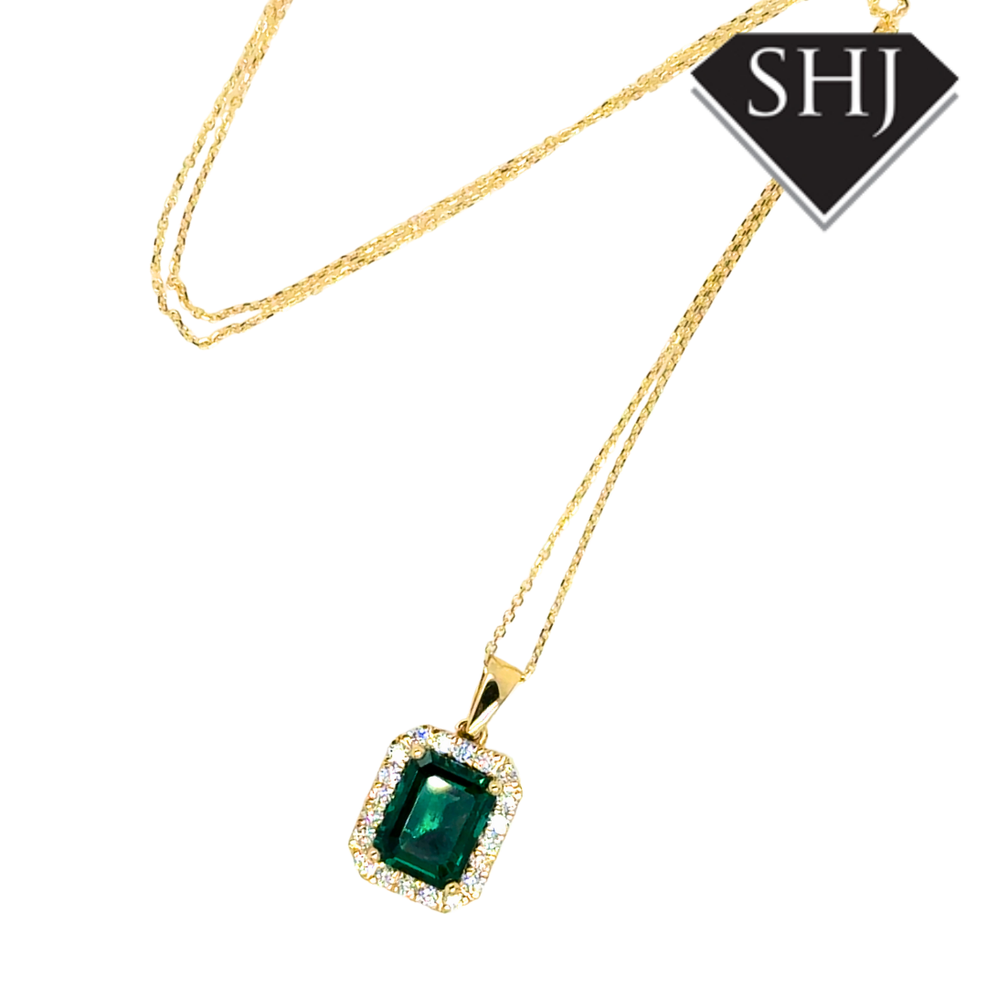 9ct Yellow Gold Lab Grown Emerald & Natural Diamond Pendant & Chain