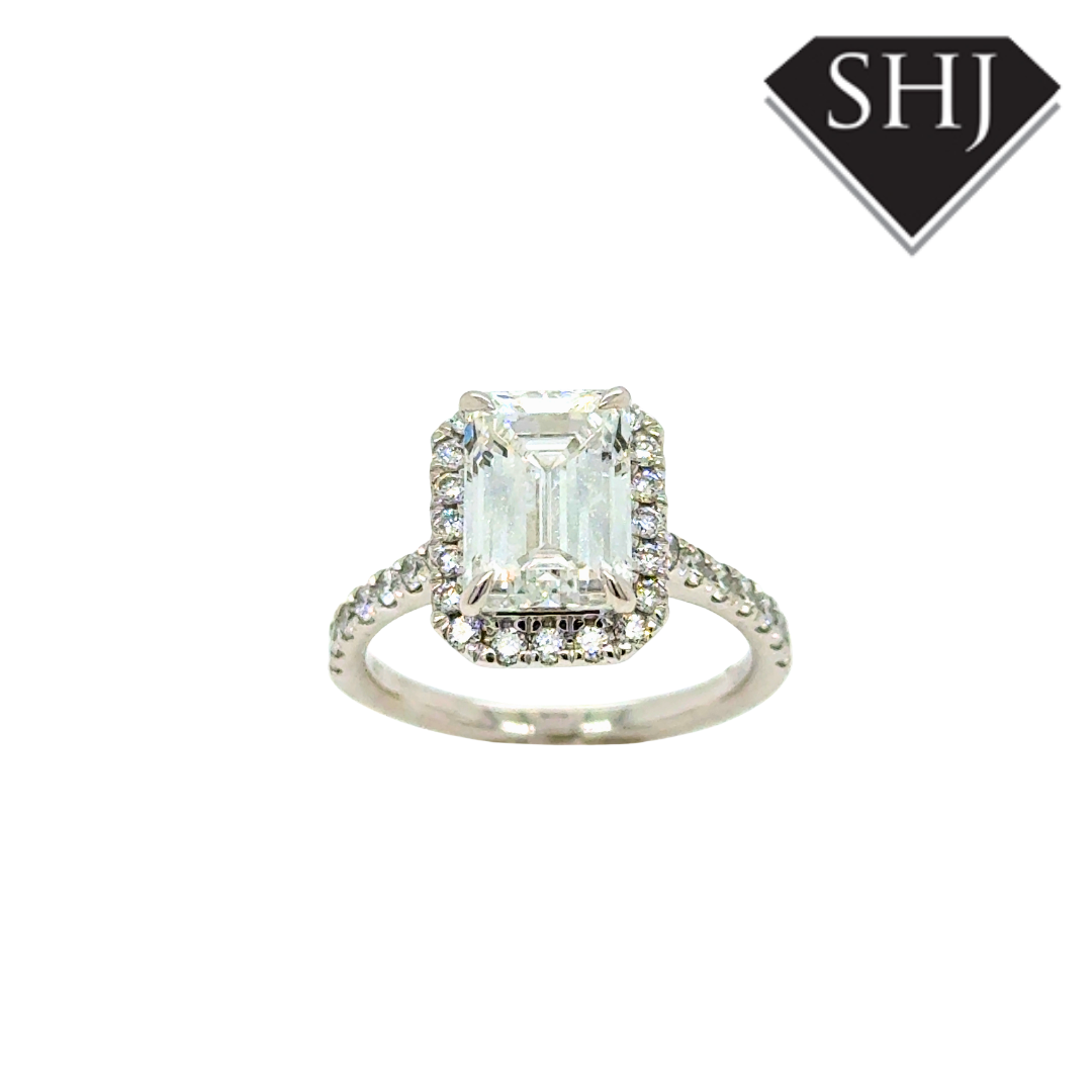 Platinum Lab Grown 3.03ct Emerald Diamond 0.54ct Diamond Halo Ring