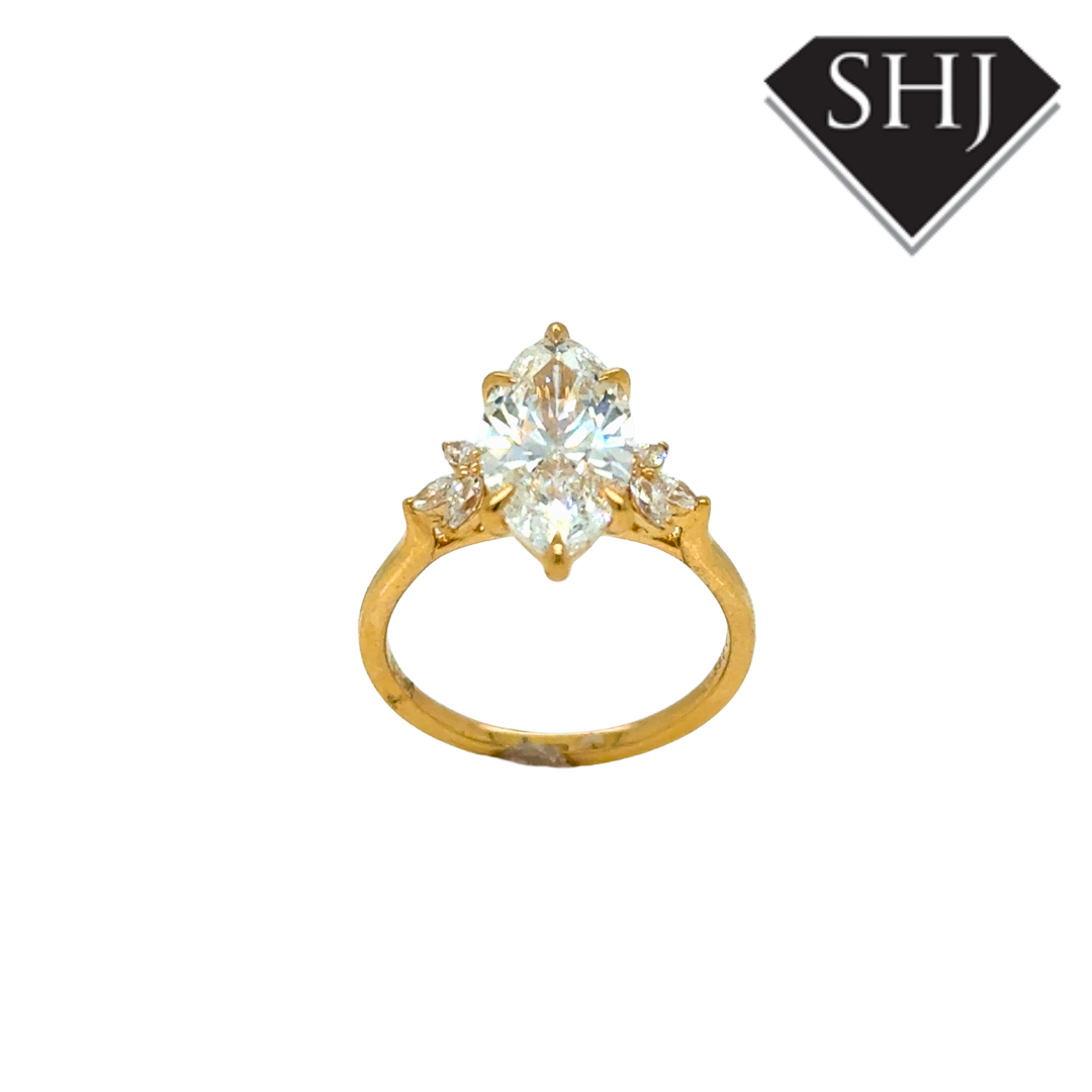 18ct Yellow Gold Lab Grown 1.50ct Marquise Diamond 0.19ct Diamond Shoulders Ring