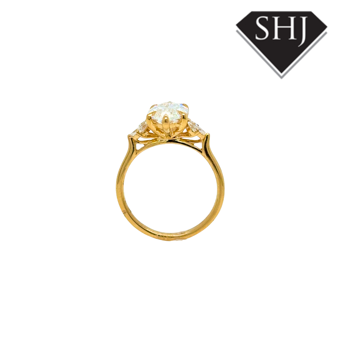 18ct Yellow Gold Lab Grown 1.50ct Marquise Diamond 0.19ct Diamond Shoulders Ring