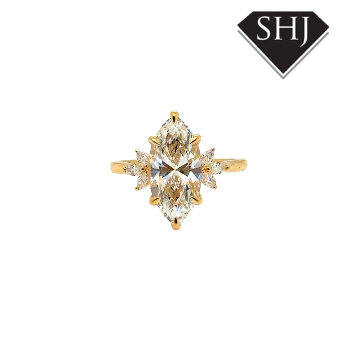 18ct Yellow Gold Lab Grown 1.50ct Marquise Diamond 0.19ct Diamond Shoulders Ring