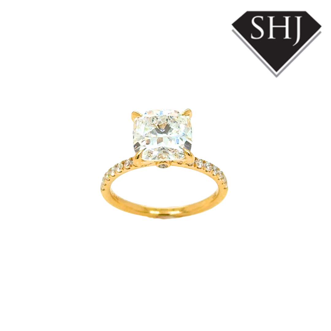 18ct Yellow Gold Lab Grown 3.06ct Cushion Diamond 0.28ct Diamond Shoulders Ring