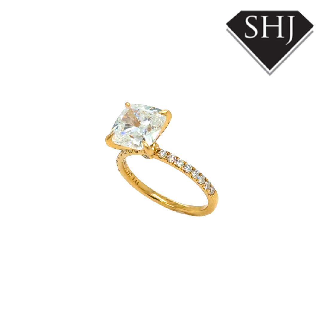 18ct Yellow Gold Lab Grown 3.06ct Cushion Diamond 0.28ct Diamond Shoulders Ring