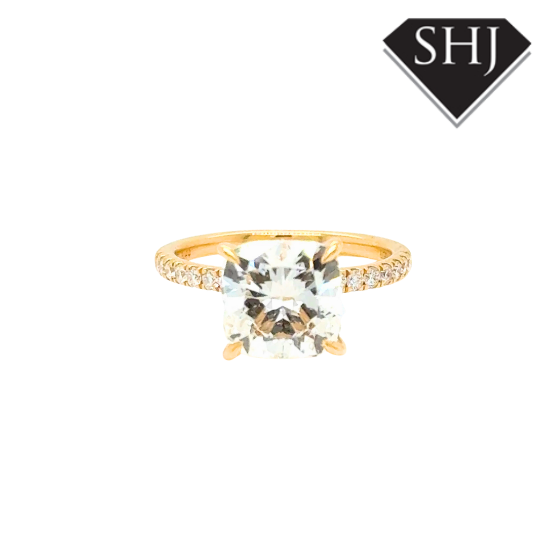 18ct Yellow Gold Lab Grown 3.06ct Cushion Diamond 0.28ct Diamond Shoulders Ring