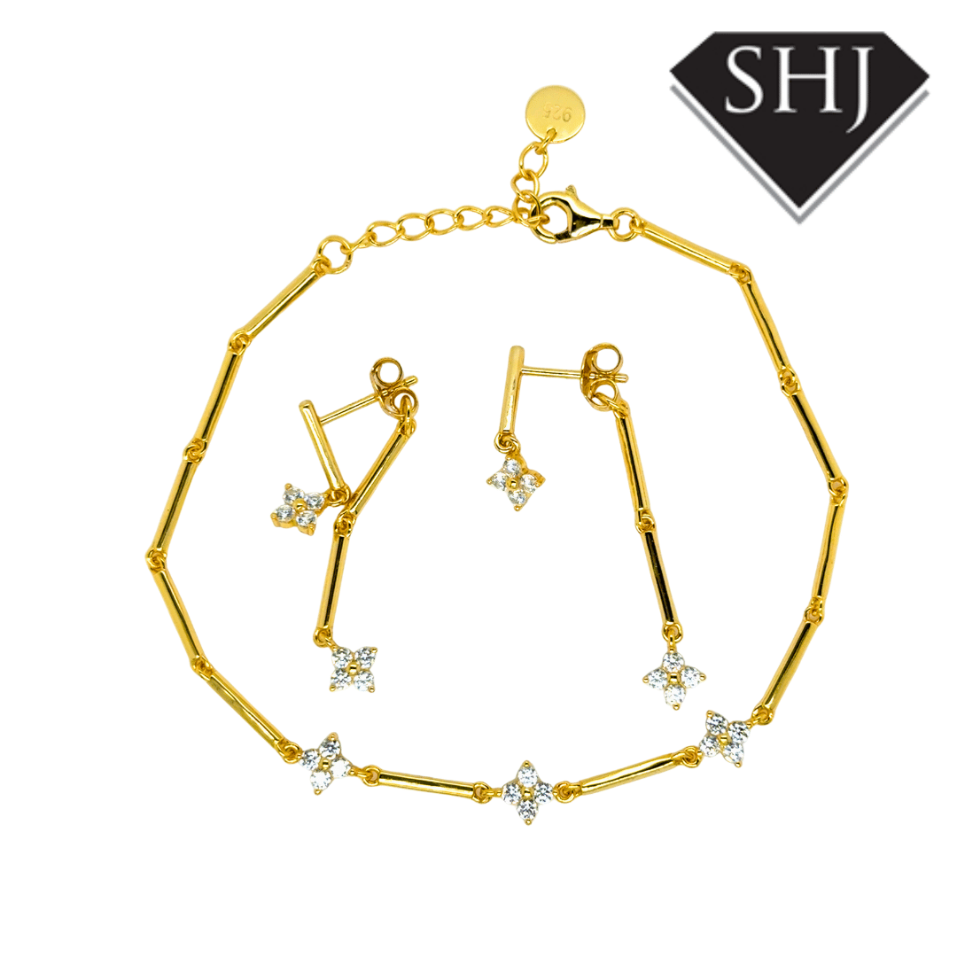 Silver Gold Plated CZ Clover Drop Earrings