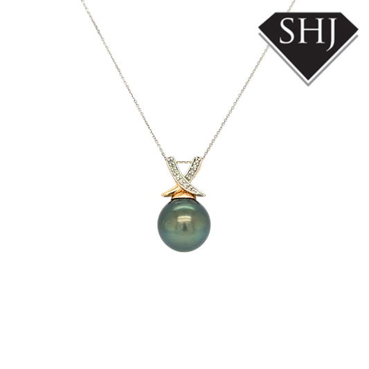 9ct Yellow Gold Tahitian Pearl Diamond Set Pendant & Chain