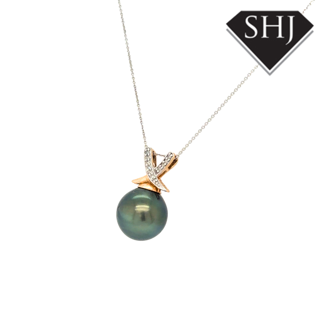 9ct Yellow Gold Tahitian Pearl Diamond Set Pendant & Chain
