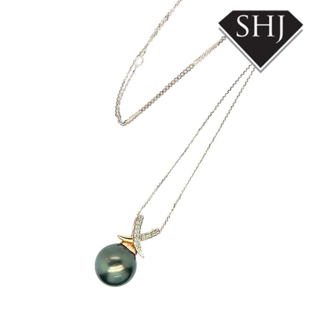 9ct Yellow Gold Tahitian Pearl Diamond Set Pendant & Chain