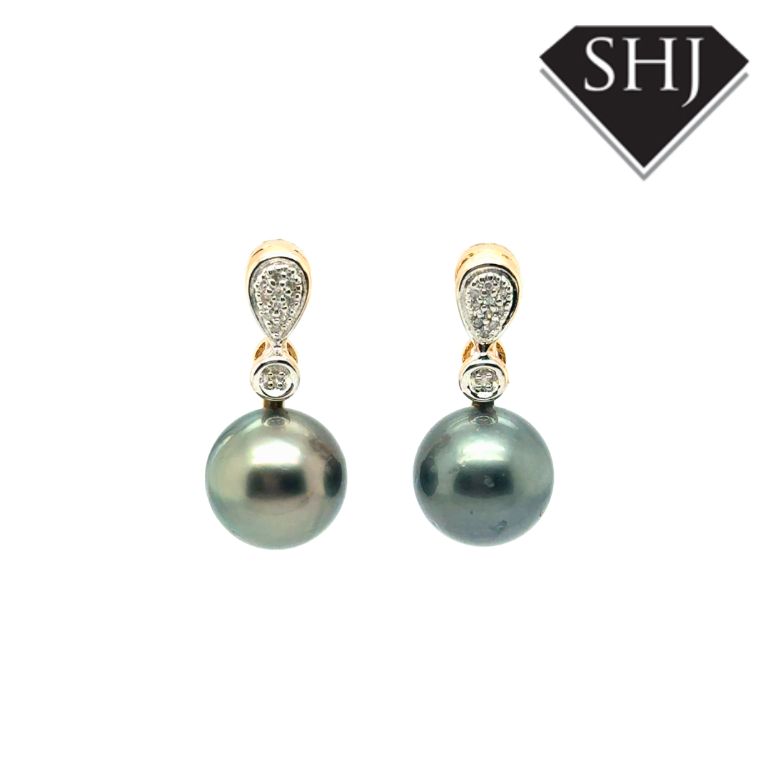 9ct Yellow Gold Tahitian Pearl Diamond Set Earrings