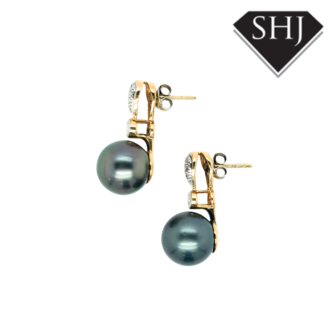 9ct Yellow Gold Tahitian Pearl Diamond Set Earrings