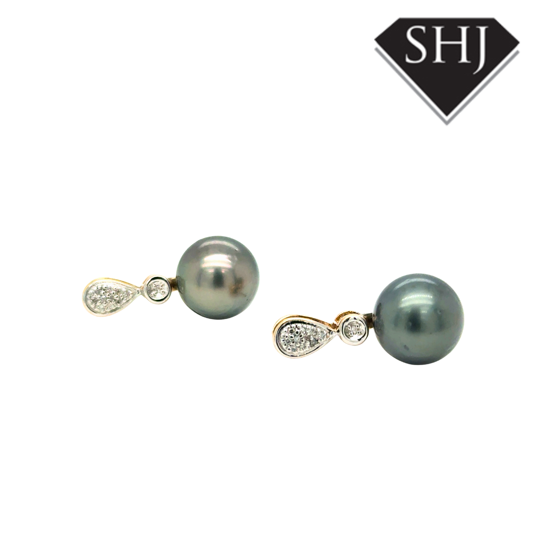9ct Yellow Gold Tahitian Pearl Diamond Set Earrings