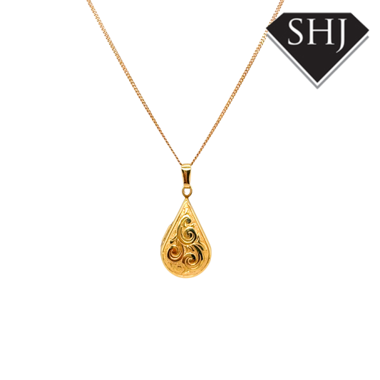 9ct Yellow Gold Engraved Pear Locket & Chain
