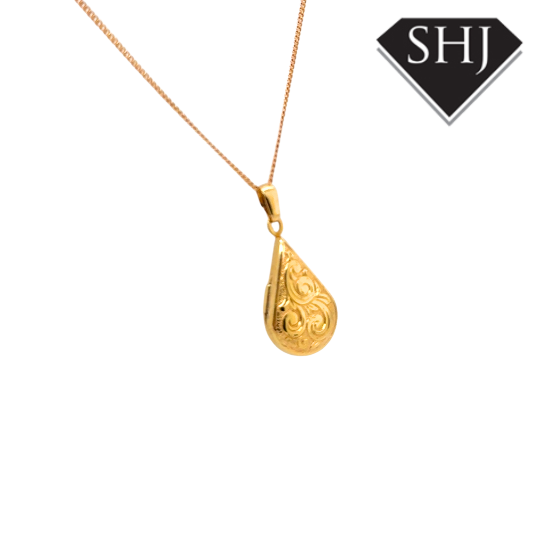 9ct Yellow Gold Engraved Pear Locket & Chain