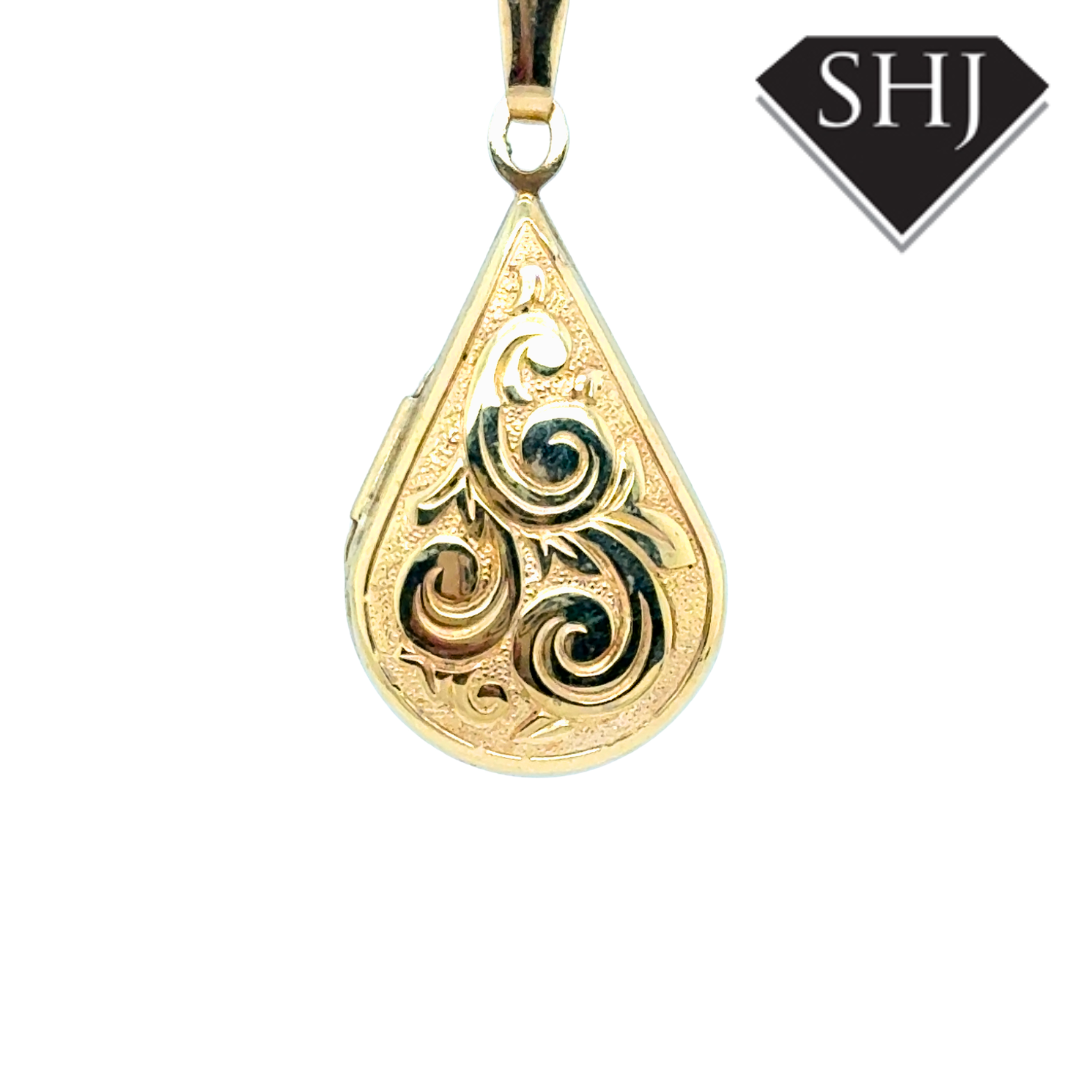9ct Yellow Gold Engraved Pear Locket & Chain
