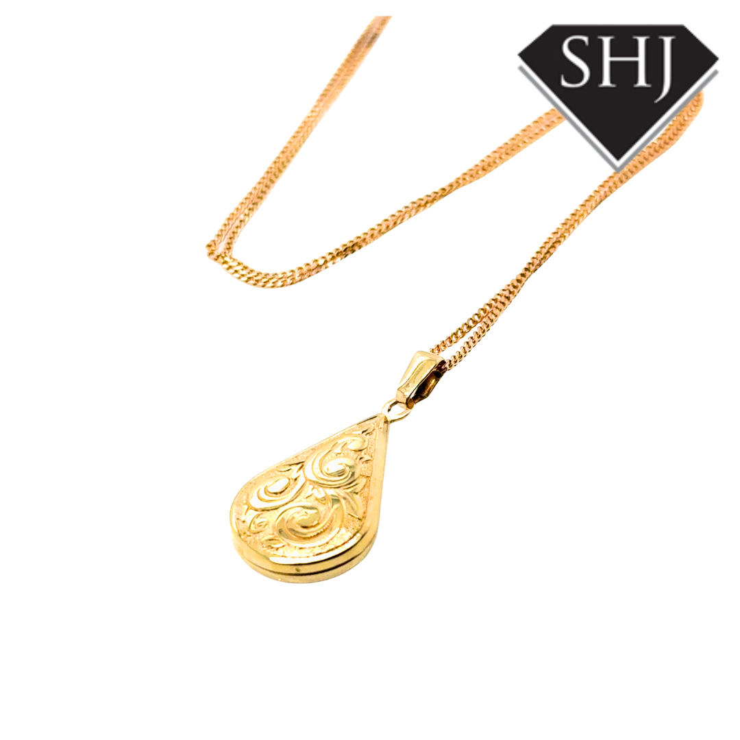 9ct Yellow Gold Engraved Pear Locket & Chain