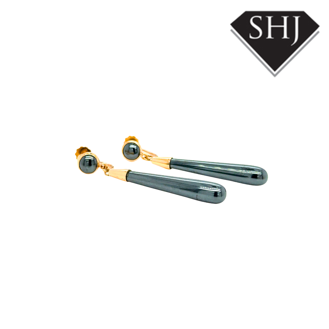 9ct Yellow Gold Hemetite Drop Earrings