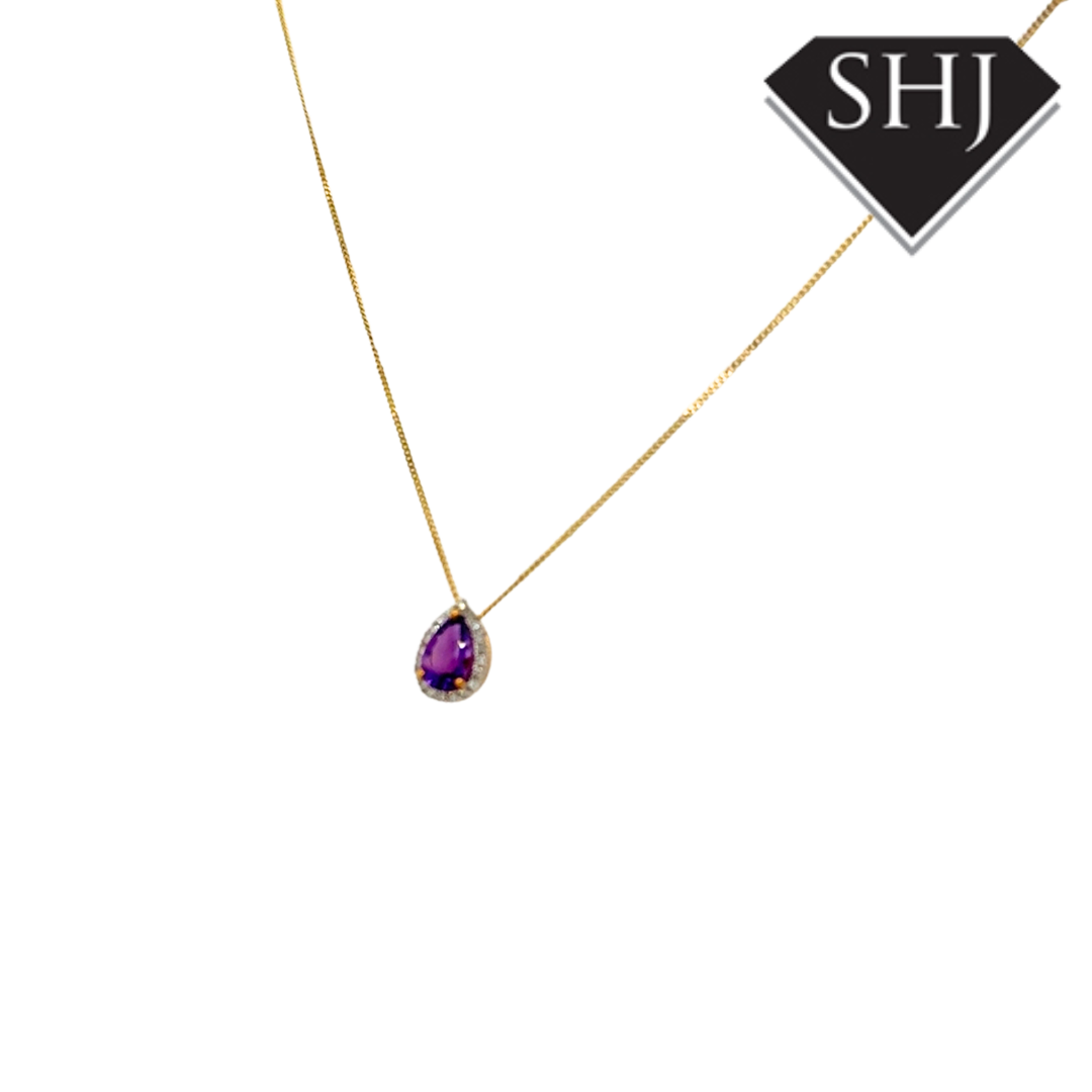 9ct Yellow Gold Amethyst and Diamond Pendant & Chain