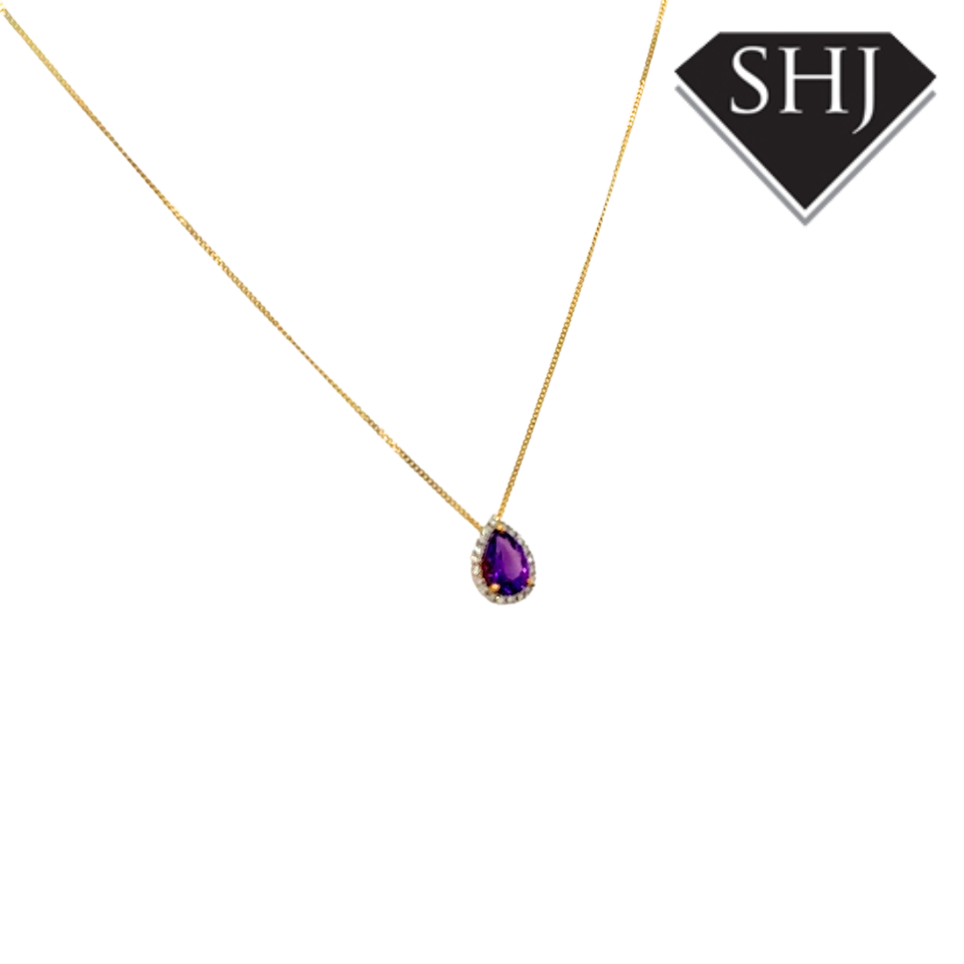 9ct Yellow Gold Amethyst and Diamond Pendant & Chain