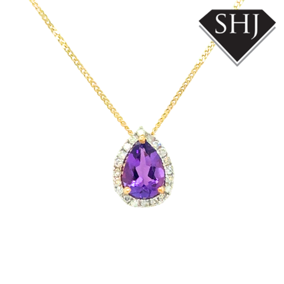 9ct Yellow Gold Amethyst and Diamond Pendant & Chain