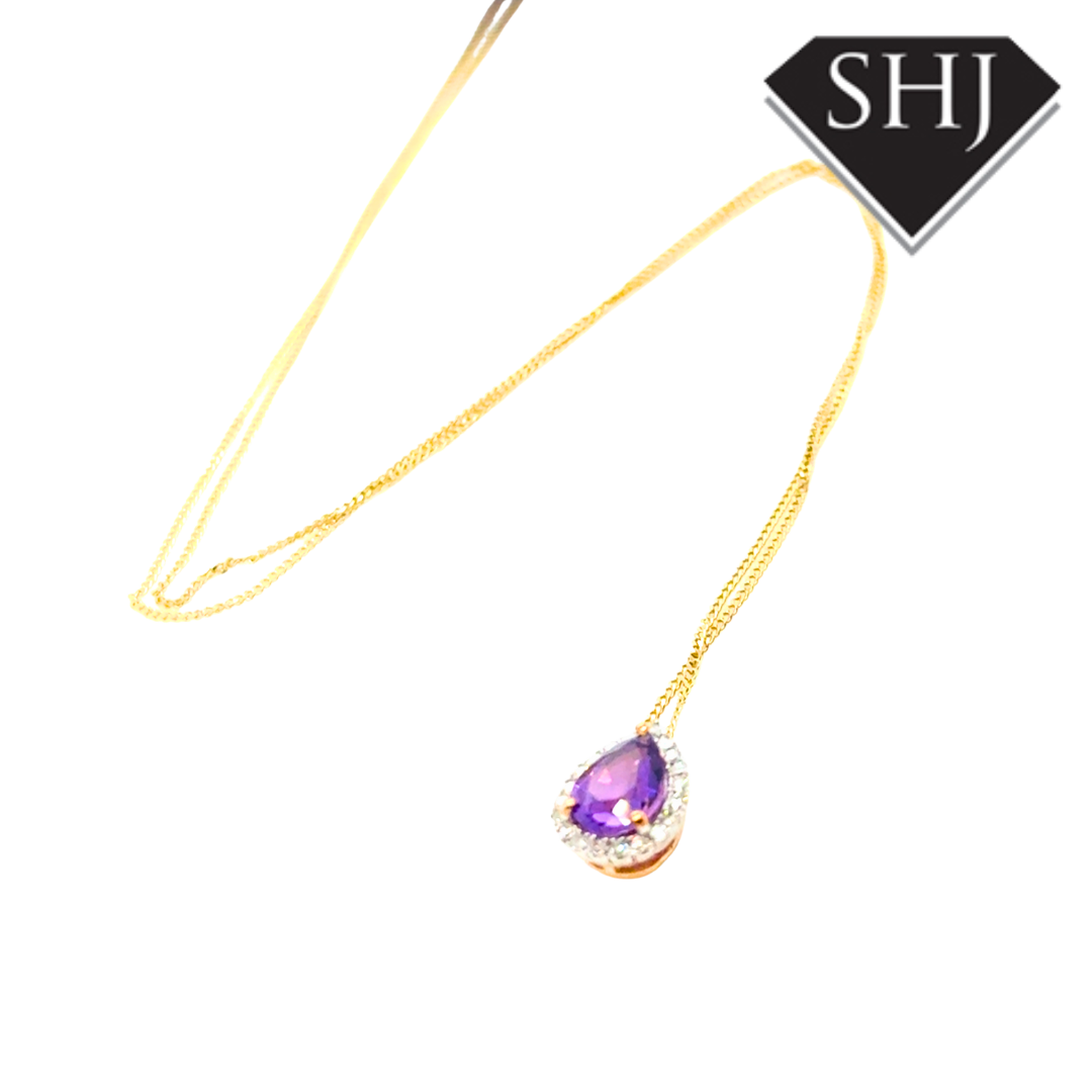 9ct Yellow Gold Amethyst and Diamond Pendant & Chain