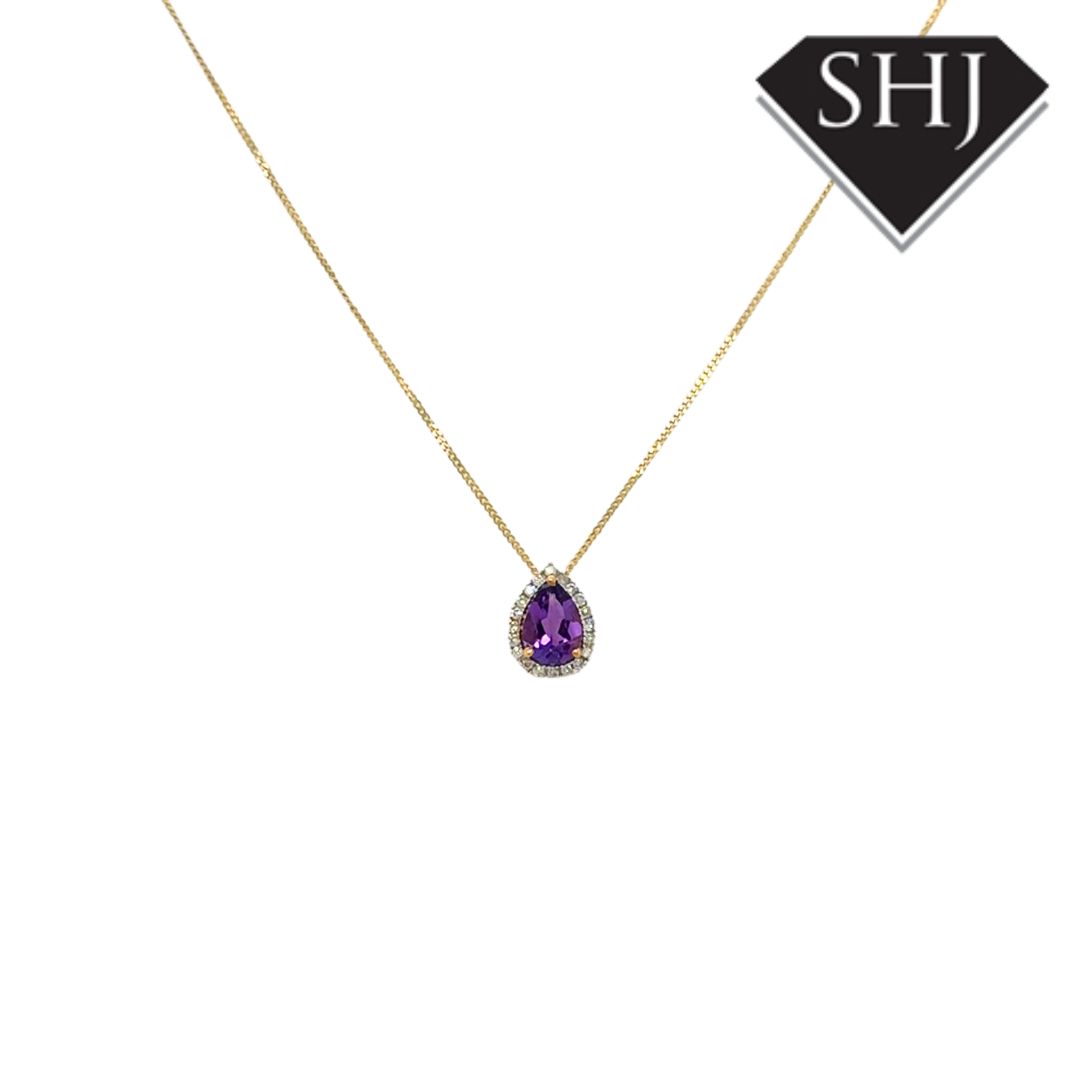 9ct Yellow Gold Amethyst and Diamond Pendant & Chain