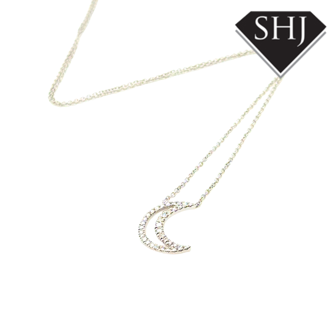 9ct White Gold Pearl & 0.21ct Diamond Moon Necklace