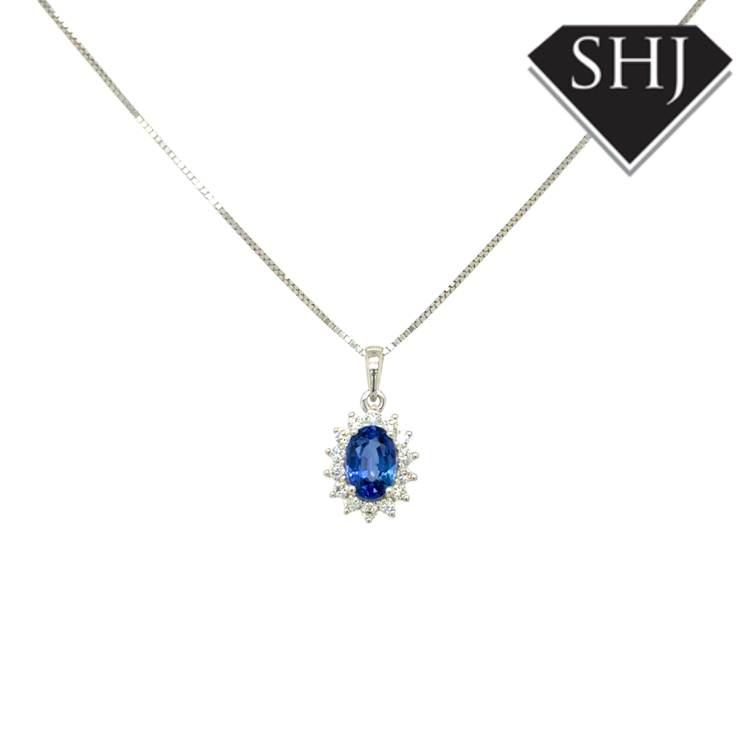 9ct Yellow Gold 0.70ct Sapphire 0.15ct Diamond Pendant & Chain